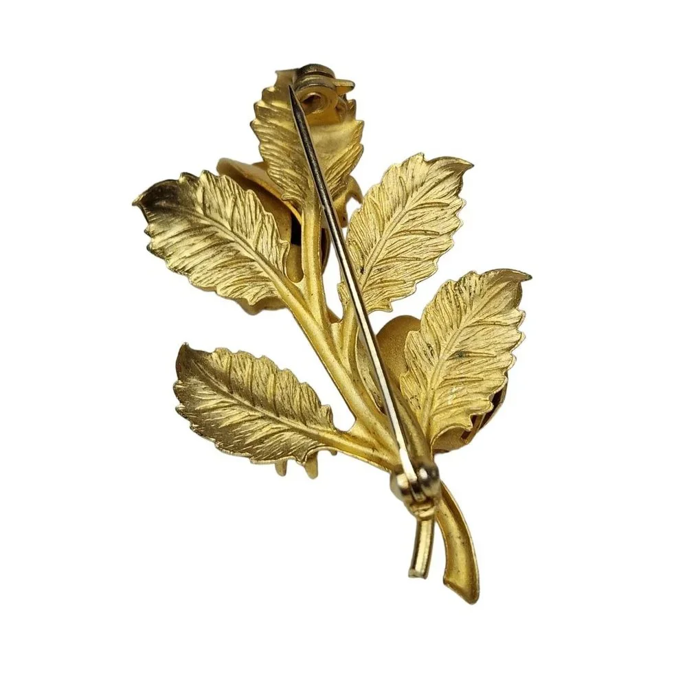 Vintage Gold Tone Roses Faux‎ Pearl Brooch Pin